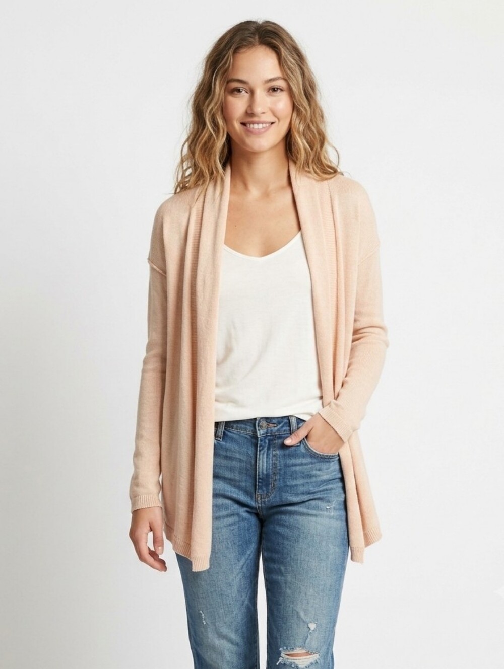 Brochu Walker Oatmeal Sand Fine Knit Drape Open Front Cardigan Sweater XS